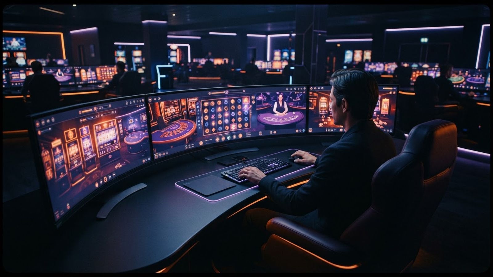 Vue large de jeux de casino en ligne sur des écrans sombres