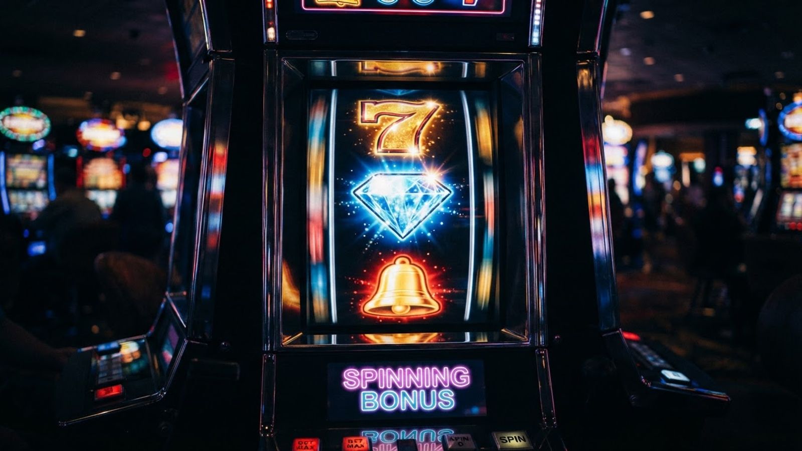 Rouleau de machine à sous avec symboles lumineux sur fond sombre