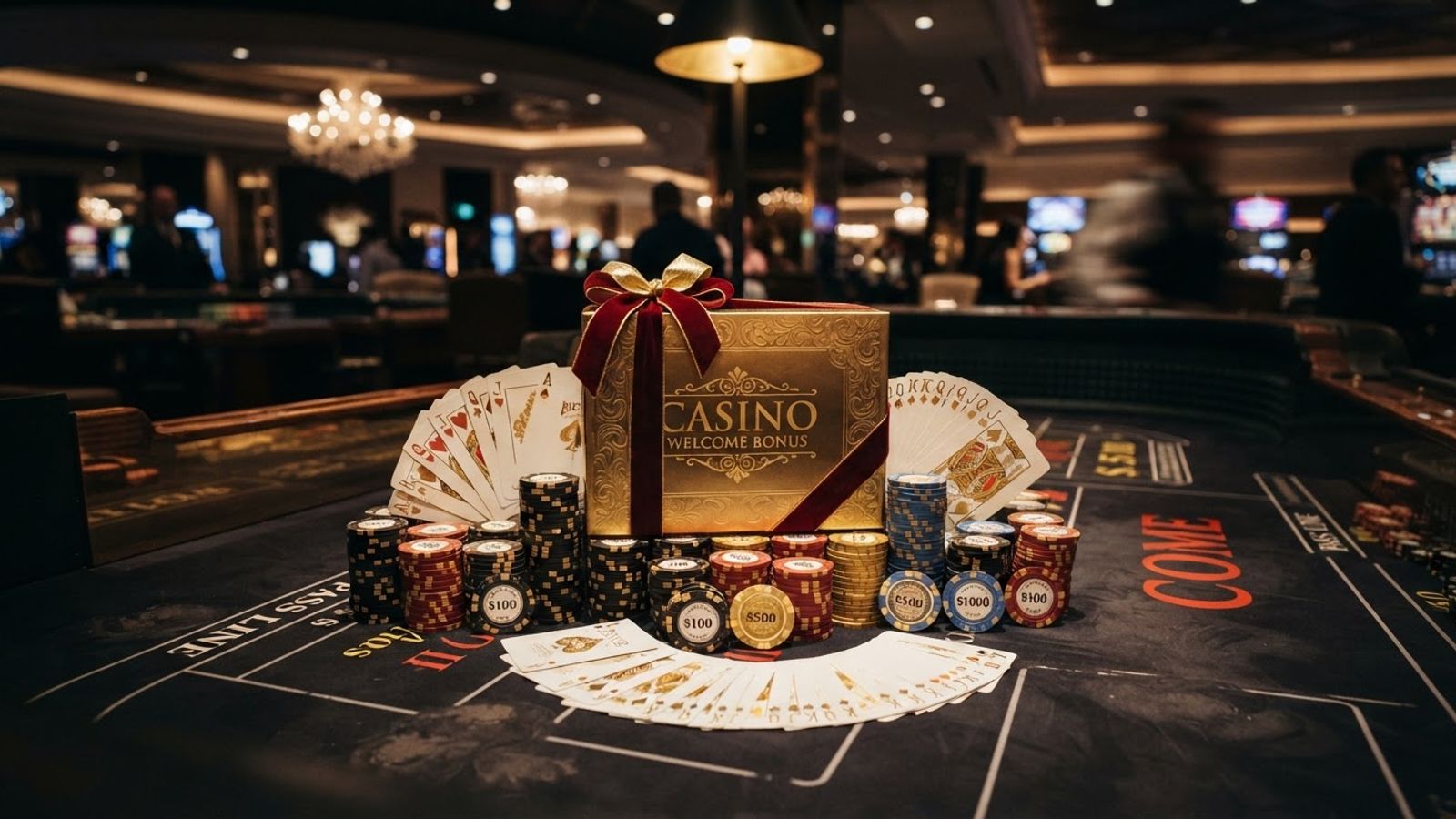 Coffret doré entouré de jetons et de cartes sur une table de casino